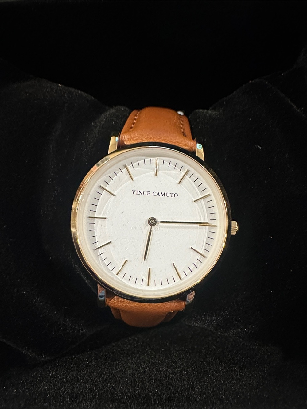 Vince Camuto Gold-Tone Watch with White Dial and Tan Leather Strap